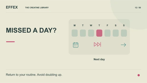 Missed a day?. Missed day, Next day, Resume. Return to your routine. Avoid doubling up.