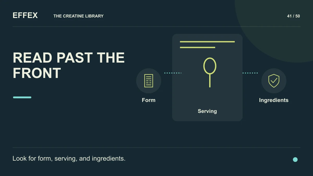 Read past the front. Form, Serving, Ingredients. Look for form, serving, and ingredients.