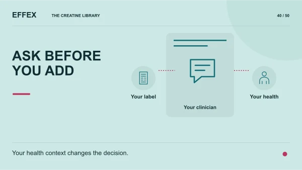 Ask before you add. Your label, Your clinician, Your health. Your health context changes the decision.
